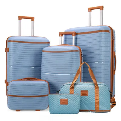 Six-piece PP luggage set including burst-resistant zippered cabin-size suitcase, universal wheels, travel bag, and storage box set for baggage.