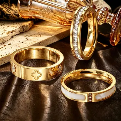 Amazon Cross-Border Best-Selling 3-Piece Stainless Steel 18K Gold-Plated Ring Set with Zircon, Premium Look, Tarnish-Free Rings