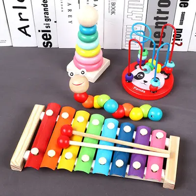 Holz-Lernspielzeug-Set mit Bausteinen, Xylophon, Perlenstecken - 3