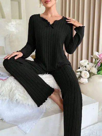 Kadın siyah kenarlı örgülü rahat ev takımı pijama takımı - 10