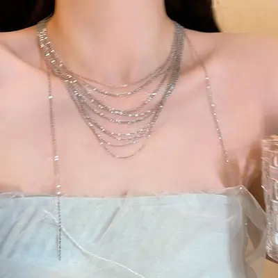 Multi-layer clavicle chain necklace with stackable tassels - 4