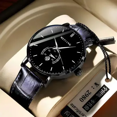 Black technology leather strap men's watch, Korean style, ultra-thin design - 11