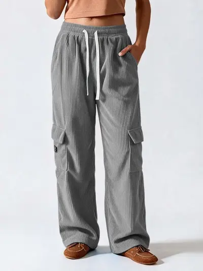Damen-Cordhose im Retro-Stil mit vertikalen Streifen, weit geschnitten