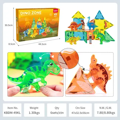 Kids Magnetic Tiles Set, Large Colorful Window Magnet Sticks with Dinosaur Toy