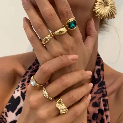 欧美跨境时尚ins风彩色宝石镶嵌戒指套装 金属质感光面指环Rings