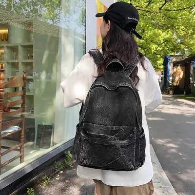 Women's Denim Backpack in Hong Kong Style, Large Capacity, Lightweight - 4