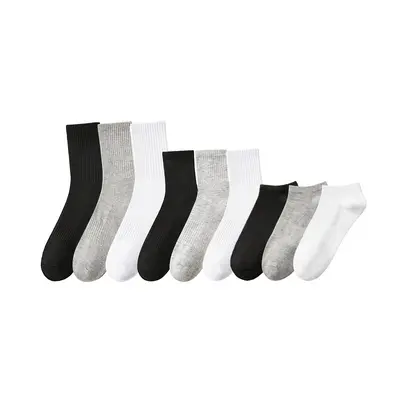 Zhuji Men's Mid-High Tube Socks Black White Solid Color Cotton Socks Spring Summer Breathable Deodorant Sweat-Absorbent Men's Sports Socks Towel Bottom