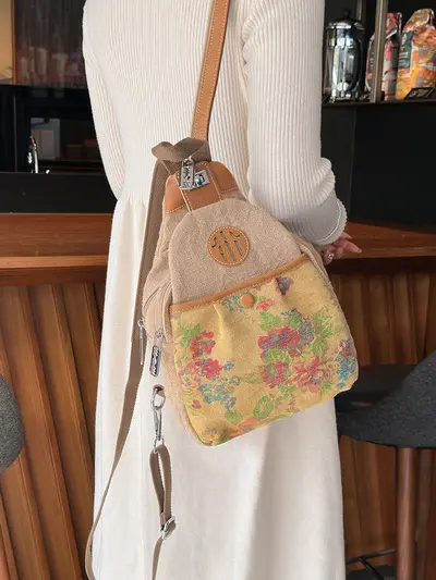 Oat Yellow Retro Cotton-Linen Backpack, Large Capacity - 3