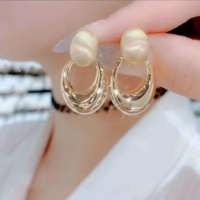 Oval Mat Yüzey Daire Halka Küpe Hafif Lüks Premium Küpe Zarif Çok Amaçlı Şıklı Küpe Hong Kong Retro Tarzı Kadın Küpe - 7