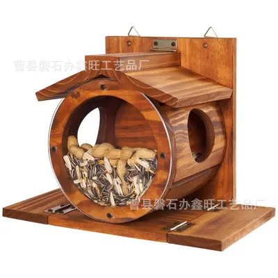 Wooden Wall-Mounted Squirrel and Bird Feeder, Outdoor, Double-Sided Feeding Holes