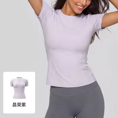 Juyitang Peach Basic Fitness Short Sleeve Breathable Tight Sports Top Women's Running Training Yoga T-Shirt - 7