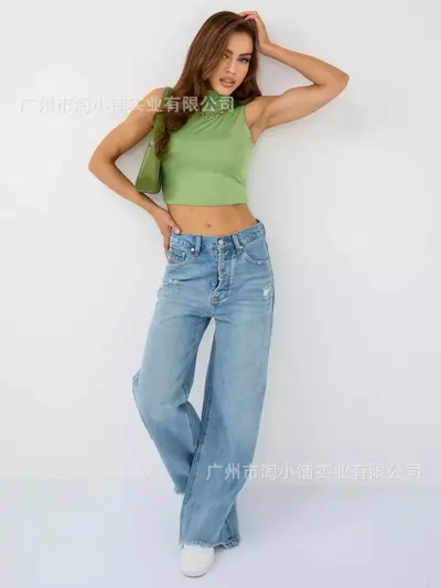 Kadın Retro Geniş Paça Kot Pantolon, Yüksek Bel Yerlere Kadar Uzanan