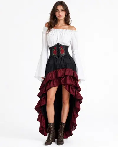 Halloween Medieval Pirate Costume, Ruffled Skirt Three-Piece Set - 7