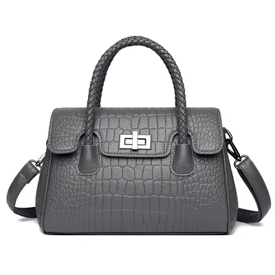 Women's Embossed Leather Shoulder Bag, Woven Cord Detail, Crossbody Strap - 11