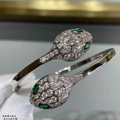 V-Gold Plated Open Snake Bangle, Full Rhinestones, Green and Blue Eyes