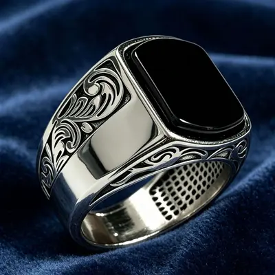Sanjie Cross-border New Men's Domineering Black Gemstone Ring European and American Carved Filigree Men's Ring Daily Wear - 7