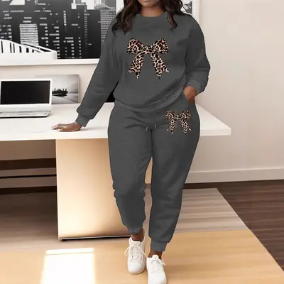 Women's Leopard Print Bow Long Sleeve Round Neck Sweatshirt Set - 5