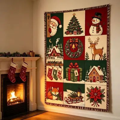 Retro Noel Patchwork Püsküllü Duvar Halısı ve Kanepe Battaniyesi - 7