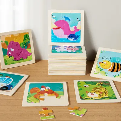 Puzzle oyuncak erken eğitim zeka geliştirici kız erkek çocuk dokuz parça blok bebek çocuk zeka gelişimi ahşap karikatür hayvan yerleştirme paneli