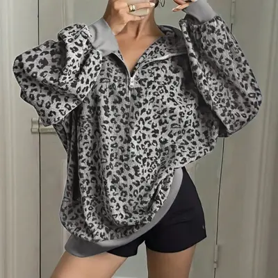Damen-Vintage-Sweatshirt mit Leopardenmuster und Stehkragen