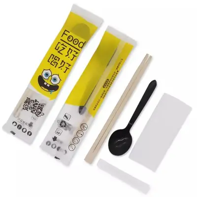 Tek kullanımlık yemek çubuğu seti, dört parçalı, şeffaf paket