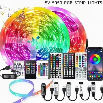 5V RGB LED şerit 5050, Bluetooth APP kontrollü, USB, kendinden yapışkanlı