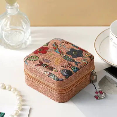 Edle hochwertige Schmuckschatulle mit Korkoptik tragbares Etui für Ohrringe Vintage-Ringe Halsketten Reise-Aufbewahrungsbox - 8