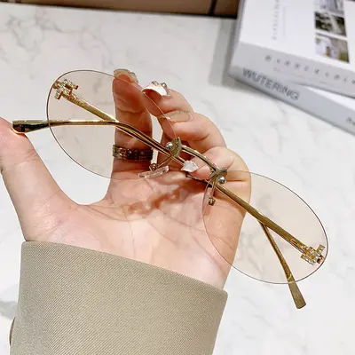 Rhinestone Oval Frameless Sunglasses, Small Frame, UV Protection - 3