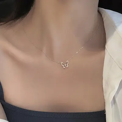 Daily versatile S925 silver aquamarine butterfly pendant for women, non-fading, niche, high-end, accessible luxury clavicle chain new - 8