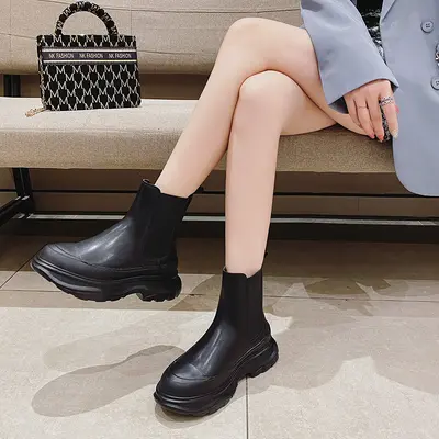 Women's Mid-Calf Smoke Tube Boots, Thick Sole, Sizes 32-34 and 41-44