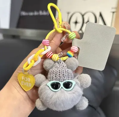 Faux Rabbit Fur Coal Ball Bag Charm and Keychain - 12