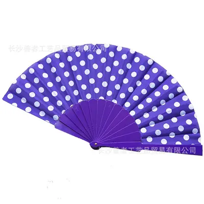 Single-Sided Fabric Polka Dot Folding Dance Fan with Plastic Ribs, White - 8