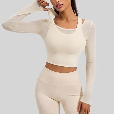 Long Sleeve Fake Two-Piece Knitted Yoga Top Without Bra - 7