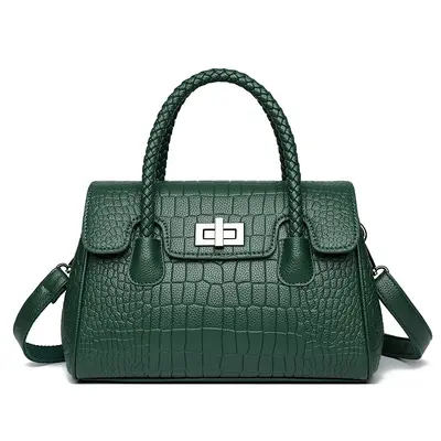 Women's Embossed Leather Shoulder Bag, Woven Cord Detail, Crossbody Strap - 8
