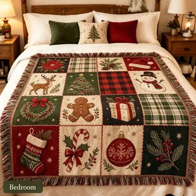 Retro Noel Patchwork Püsküllü Duvar Halısı ve Kanepe Battaniyesi - 10