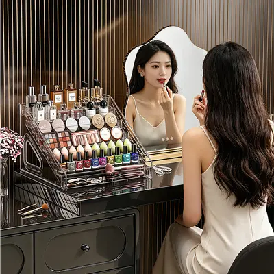 Transparente trapezförmige Kosmetik-Organizer Box Schminktisch Tischplatte Aufbewahrungsregal Make-up Pinsel Lippenstift Parfüm Aufräum- und Präsentationsständer - 1