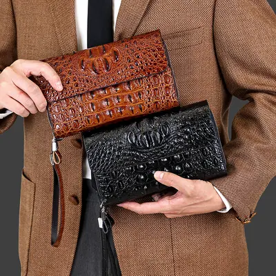 Herren-Handtasche, Clutch mit Krokodilprägung, großes Fassungsvermögen, mehrere Fächer
