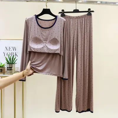 Modal Pajama Set with Polka Dots, Long Sleeve, Two-Piece with Built-in Bra - 9