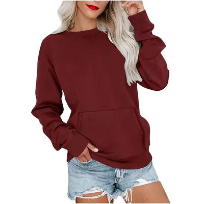 Kadın Uzun Kollu Düz Renk Yuvarlak Yaka Bol Sweatshirt, 2023 Sonbahar Kış