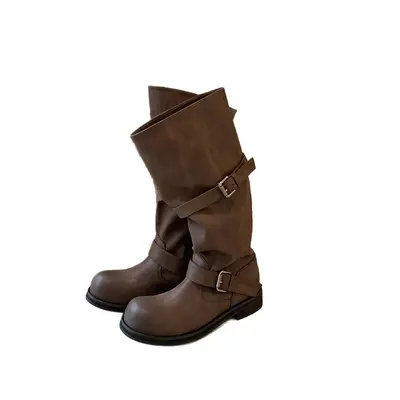 Neue Damen-Winterstiefel aus echtem Leder in Rindsleder-Optik, Ritterstiefel mit weitem, breitem Schaft, runder Schaftkante, klobigem Absatz und dicker Sohle, mittelhohe Schaftlänge
