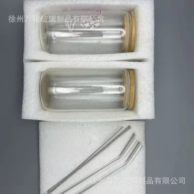 Glasbecher mit Bambusdeckel und Strohhalm, transparent, Mason-Jar-Stil, Sublimations-Cola- - 12