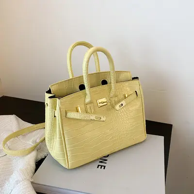 Crocodile Pattern Women's Kelly Handbag, Large Structured Bag - 11
