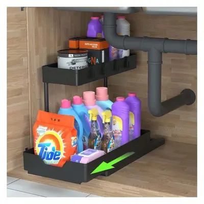 Çapraz katmanlı çift katmanlı çekmeceli saklama rafı mutfak tezgahı itme-çekme baharatlık rafı dolap altı lavabo saklama rafı - 8