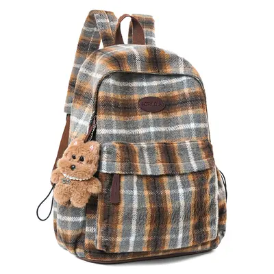 Retro Wool Plaid Women's Backpack for High School and University Students - 8