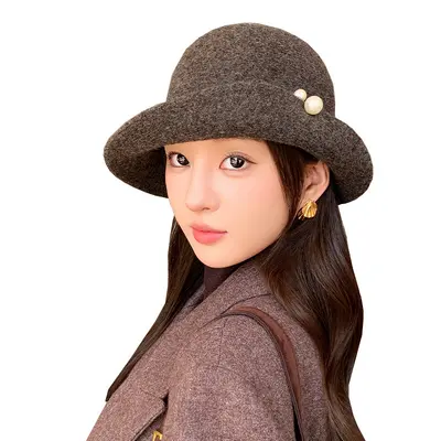 French Pearl Button Wide Brim Felt Fisherman Hat, Women's Autumn Winter