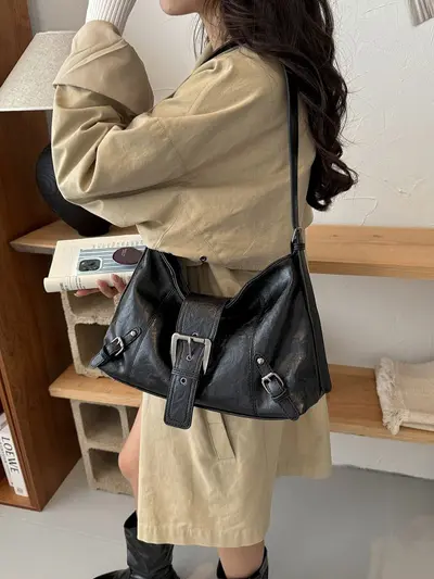 Women's Pleated Underarm Bag, Soft Leather Look, Minimalist - 3