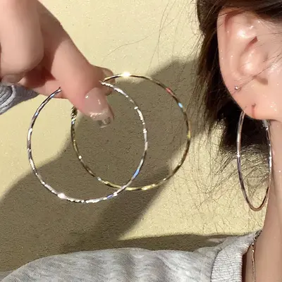 Large hoop earrings for round faces, silver-tone, oversized - 3