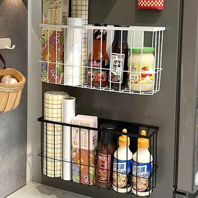 Refrigerator Magnetic Storage Rack Side Organizer No-Drill Wall-Mounted Plastic Wrap Bag Tissue Paper Spice Storage
