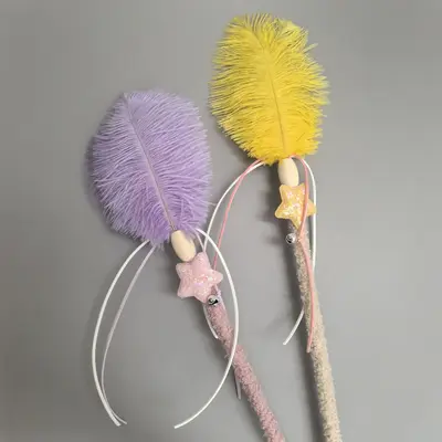 Ostrich Feather Cat Teaser Wand with Plush Wooden Stick - 5
