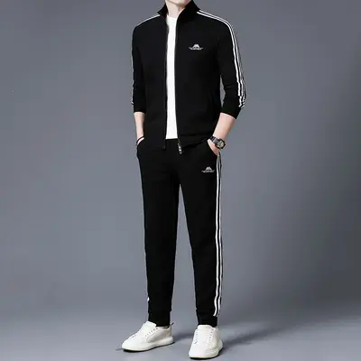 Erkek Bahar Sonbahar Casual Spor Eşofman Takımı, Dik Yaka Ceket ve Uzun Pantolon İkili Tak
